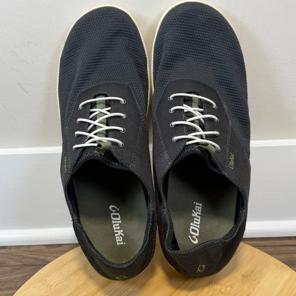 OluKai Nohea Moku Boat Shoes Mens 13 Black Mesh Slip On Island Casual Travel